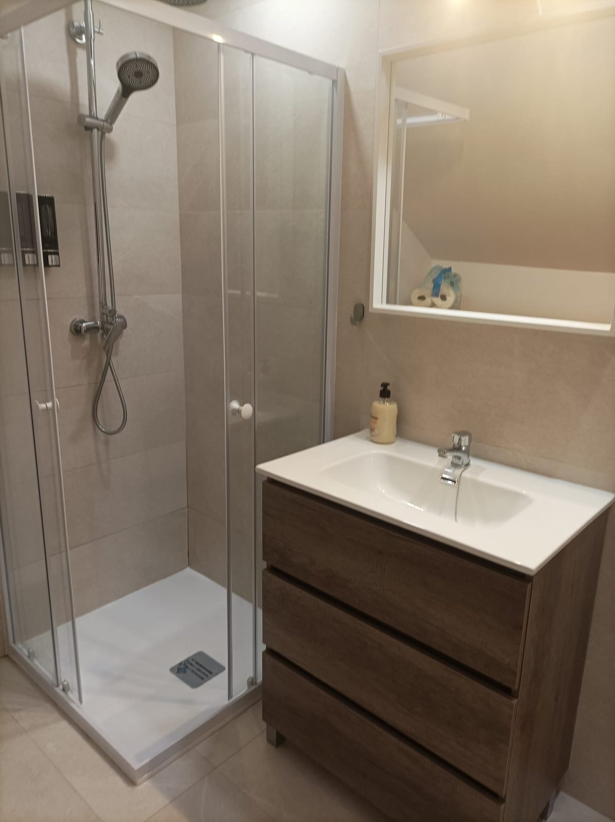Ducha de mampara y mueble de lavabo